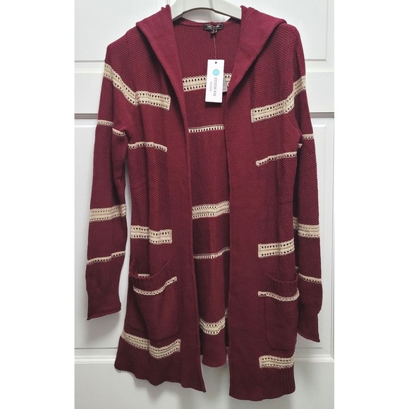 Stitch Fix Sweaters - Stitch Fix Lety & Me Molly Hooded Open Front Double Pocket Cardigan - Wine - Med
